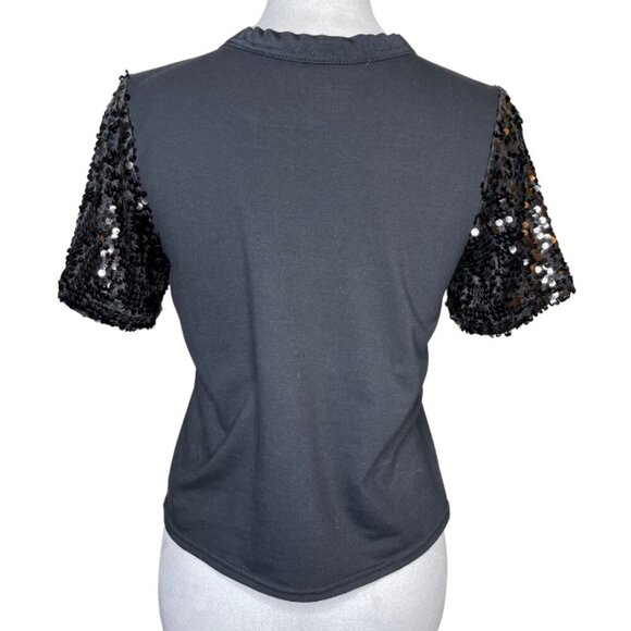 Weissman Women's Chevron Sequin Black Gold Round Neck Top Size Small Cotton - Picture 4 of 7